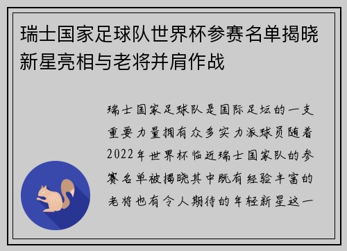 瑞士国家足球队世界杯参赛名单揭晓新星亮相与老将并肩作战